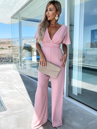 ライラック ジャンプスーツ Vネック 半袖 ベルト付き ワイドレッグ カジュアル サマー ロンパース