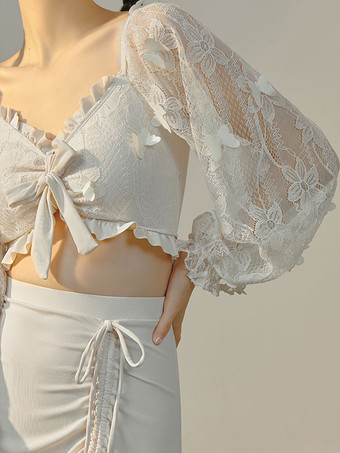 甘いロリータ衣装エクリュ ホワイト フリル バタフライ長袖トップ パンツ