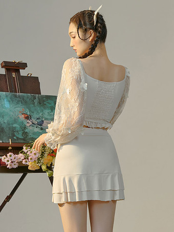 甘いロリータ衣装エクリュ ホワイト フリル バタフライ長袖トップ パンツ