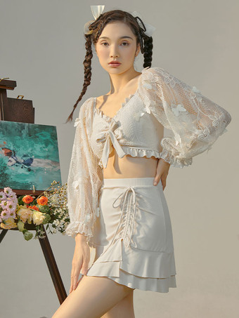 甘いロリータ衣装エクリュ ホワイト フリル バタフライ長袖トップ パンツ