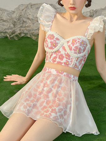 甘いロリータ衣装 ピンク フリル 花柄 ノースリーブ トップ パンツ