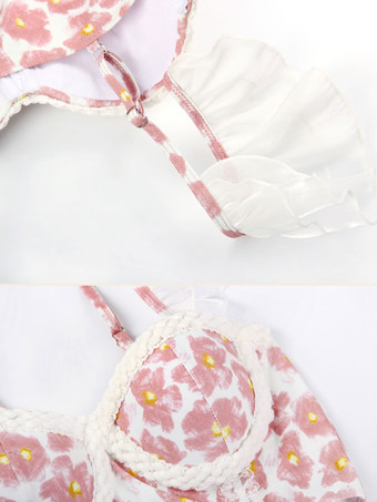 甘いロリータ衣装 ピンク フリル 花柄 ノースリーブ トップ パンツ