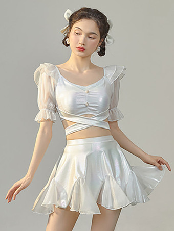 ホワイト 甘いロリータ衣装白フリル チェック柄半袖パンツ トップ