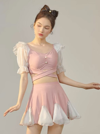 ピンク甘いロリータ衣装白フリル チェック柄半袖パンツ トップ