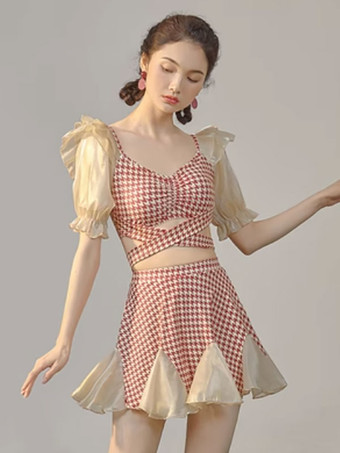 レッド 甘いロリータ衣装白フリル チェック柄半袖パンツ トップ