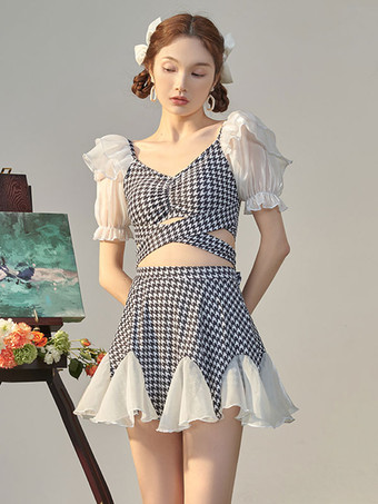 甘いロリータ衣装白フリル チェック柄半袖パンツ トップ