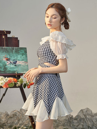 甘いロリータ衣装白フリル チェック柄半袖パンツ トップ
