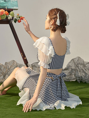 甘いロリータ衣装白フリル チェック柄半袖パンツ トップ