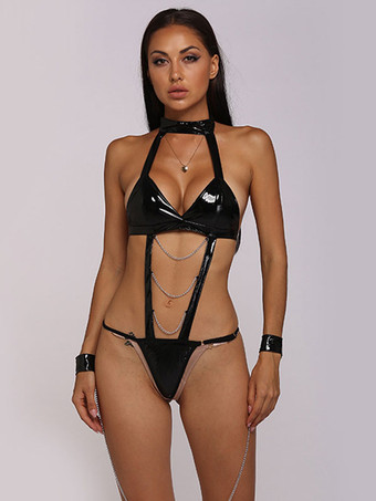 Costumes Sexy Pour Femmes Noir Ensemble Sexy En Cuir PU Costume Lingerie