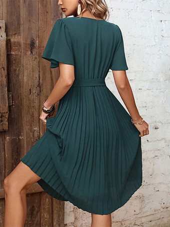 Vネック半袖ミディドレス