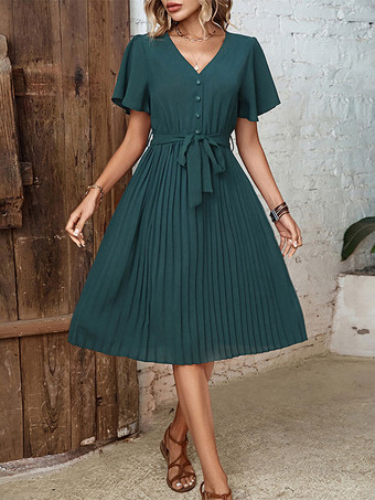 Vネック半袖ミディドレス