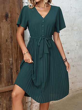 Vネック半袖ミディドレス