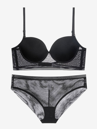 女性用ブラ ブラック ナイロン 2ピース ランジェリー