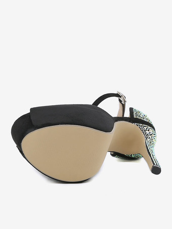 女性のセクシーなハイヒール黒プラットフォーム ラインストーン ピープトウ スティレット ヒール マイクロ スエード アッパー パンプス