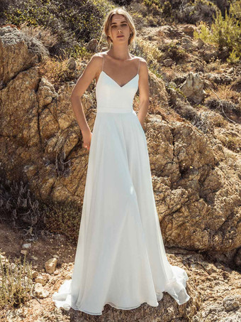 Simple Wedding Dress A-Line V-Neck Sleeveless Bridal Gowns