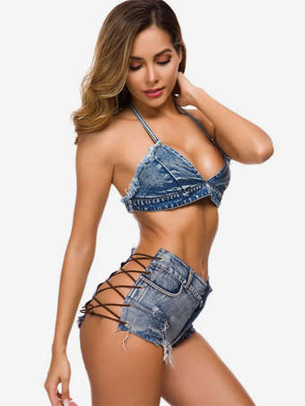 クラブウェア レースアップ セクシー ブルー デニム ボトムス