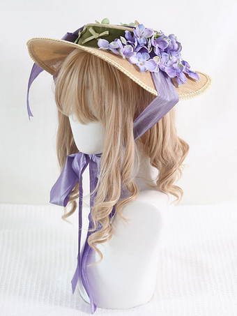 パープル 牧歌的なスタイルのロリータ ハット パープル リボン フリル花アクセサリー ロリータ アクセサリー