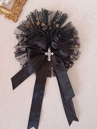 ブラック ゴスロリ アクセサリー ブラック フリル 花 帽子 ポリエステル その他