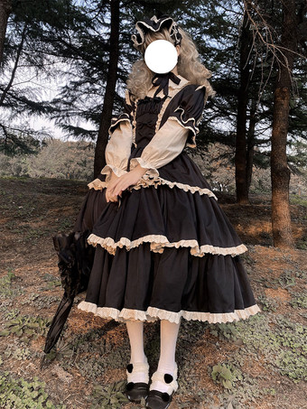 ブラック ゴシックロリータドレス リボン フリル パープル パープル