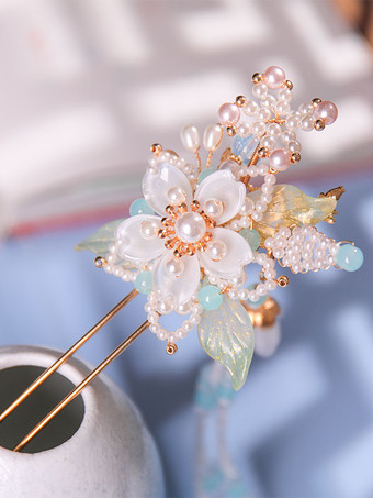 中国風ロリータ アクセサリー ホワイト パール フラワー アクセサリー メタル 雑貨