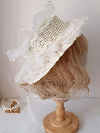 ロココ スタイル ロリータ ハット エクリュ ホワイト フリル レース弓アクセサリー ロリータ アクセサリー