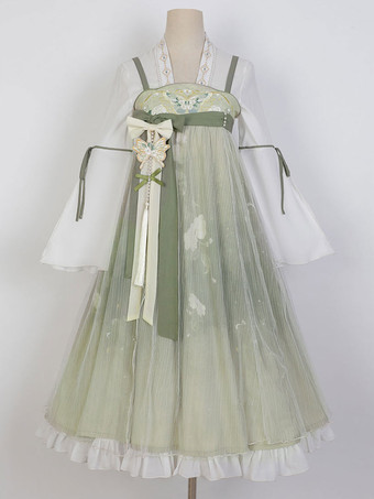 中国風ロリータドレス 刺繍入り ノースリーブ ポリエステル 中国風 花柄 ライトグリーン 中国風ロリータ