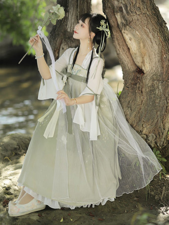 中国風ロリータドレス 刺繍入り ノースリーブ ポリエステル 中国風 花柄 ライトグリーン 中国風ロリータ