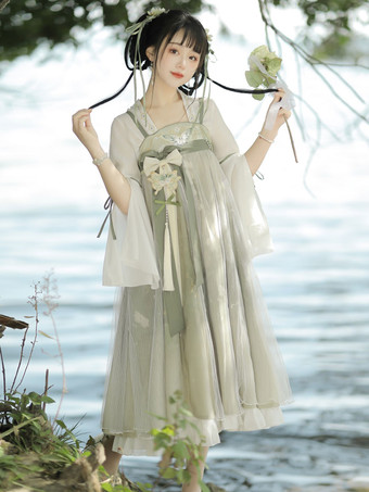 中国風ロリータドレス 刺繍入り ノースリーブ ポリエステル 中国風 花柄 ライトグリーン 中国風ロリータ