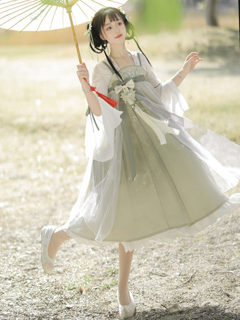 中国風ロリータドレス 刺繍入り ノースリーブ ポリエステル 中国風 花柄 ライトグリーン 中国風ロリータ