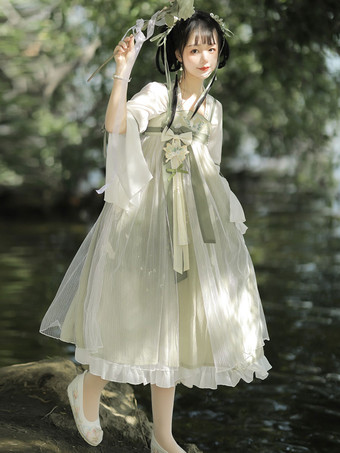 中国風ロリータドレス 刺繍入り ノースリーブ ポリエステル 中国風 花柄 ライトグリーン 中国風ロリータ