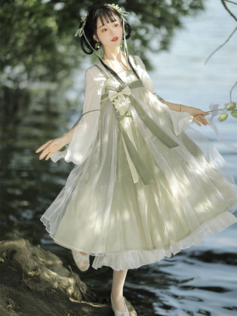 中国風ロリータドレス 刺繍入り ノースリーブ ポリエステル 中国風 花柄 ライトグリーン 中国風ロリータ