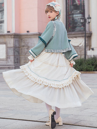 中国風のロリータ衣装ライト グリーン ボウ レース レース長袖スカート トップ