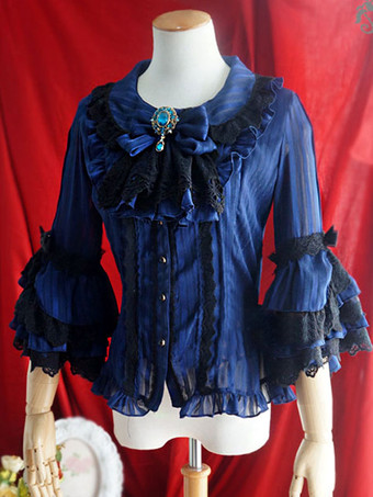 ディープブルーロリータ ウェディングドレス ロリータ ブラウス ロリータ トップ フリル リボン 七分袖 ブラウス ストライプ エクリュ ホワイト ロリータ シャツ