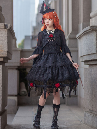 ゴスロリ ドレス レースアップ ブラック ブラック