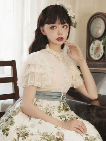 アイボリー ゴスロリ ブラウス ロリータ トップ 半袖 フリル レース ロリータ シャツ ブラック