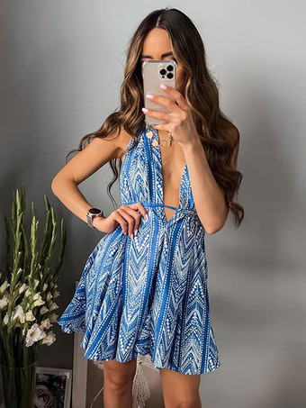 サマーミニドレス ブルー Vネック レースアップ 花柄 ビーチドレス