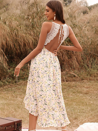 Print Midi Dresses Floral Spaghetti Straps High Low Design Lace Straps Neck Sleeveless  Backless Sexy Summer Long Dress - Milanoo.com