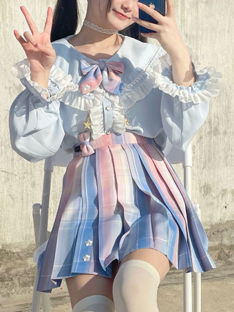 甘いロリータ ブラウス フリル長袖ブラウス ロリータ トップ ライト スカイブルー ロリータ シャツ