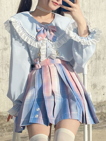 ライトスカイブルー甘いロリータ ブラウス フリル長袖ブラウス ロリータ トップ ライト スカイブルー ロリータ シャツ