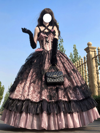 ゴシックロリータドレス レースフリル 花柄 かわいいプリンセスドレス ノースリーブ メッシュフリル ロングドレス