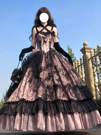 ゴシックロリータドレス レースフリル 花柄 かわいいプリンセスドレス ノースリーブ メッシュフリル ロングドレス