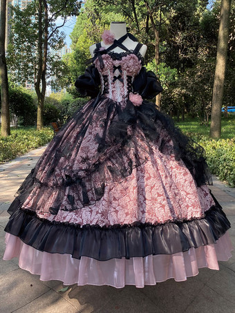 Gothic Lolita Dresses Ruffles Flowers Floral Print Pink Pink