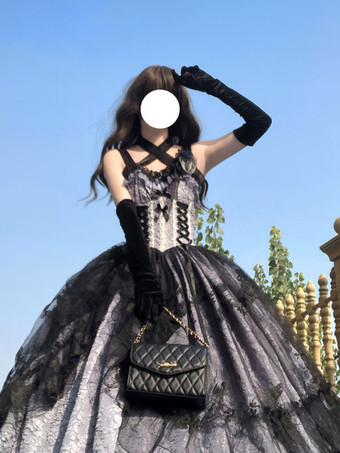 ゴシックロリータドレス レースフリル 花柄 かわいいプリンセスドレス ノースリーブ メッシュフリル ロングドレス