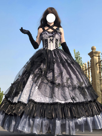 ゴシックロリータドレス レースフリル 花柄 かわいいプリンセスドレス ノースリーブ メッシュフリル ロングドレス