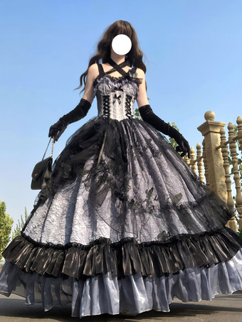 ライトスカイブルーゴシックロリータドレス レースフリル 花柄 かわいいプリンセスドレス ノースリーブ メッシュフリル ロングドレス