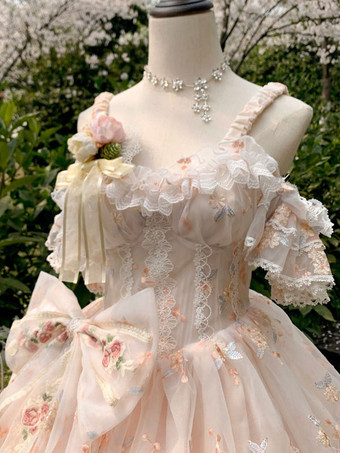 【期間限定】スイートロリータドレス ノースリーブ 花柄 刺繍 レース リボン フリル ロング プリンセスドレス