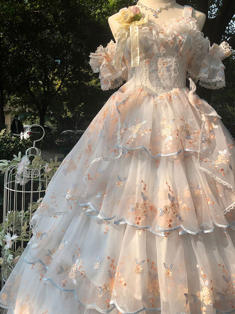 【期間限定】スイートロリータドレス ノースリーブ 花柄 刺繍 レース リボン フリル ロング プリンセスドレス