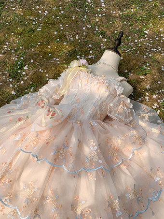 【期間限定】スイートロリータドレス ノースリーブ 花柄 刺繍 レース リボン フリル ロング プリンセスドレス