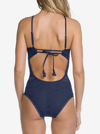 女性ワンピース水着ブラックレースジュエルネック背中の開いた夏のビーチ水着