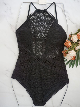 女性ワンピース水着ブラックレースジュエルネック背中の開いた夏のビーチ水着